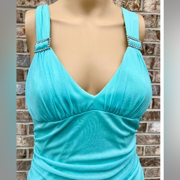 Y2K Turquoise Mermaidcore Glittery Ruffle Prom Dress - Picture 4 of 8